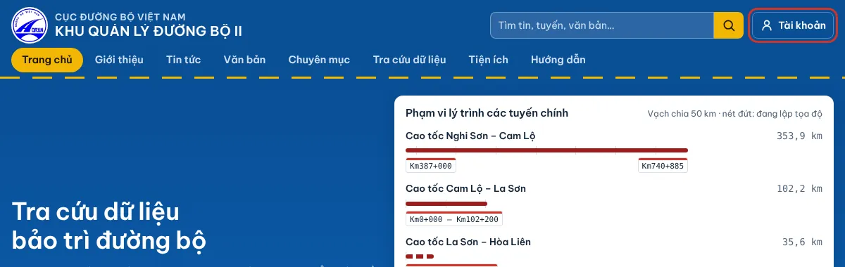 Vị trí biểu tượng Tài khoản ở góc trên bên phải trang