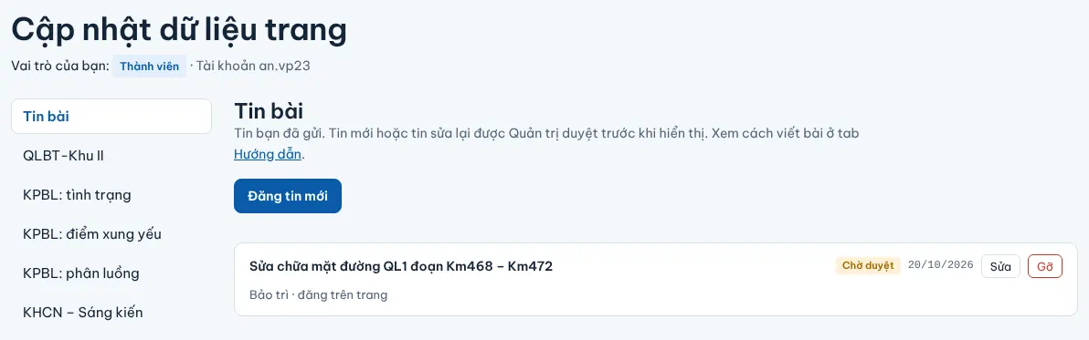 Danh sách bài viết của Thành viên với trạng thái Chờ duyệt